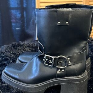 Bershka Black Moto Boots with Buckle Detail